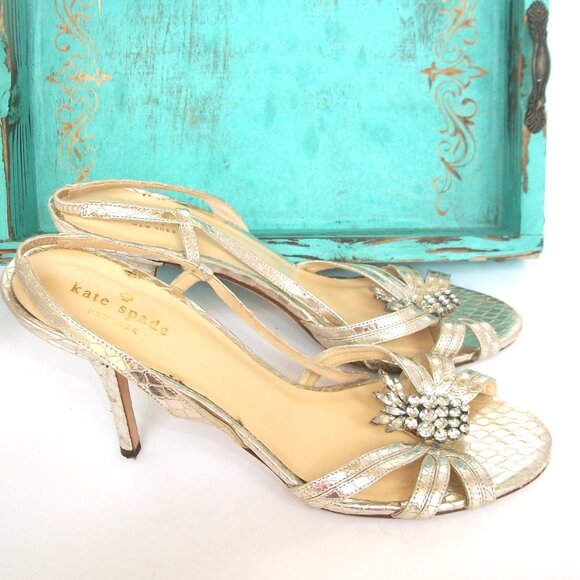 Kate Spade NY Gold Leather Strappy High Heel Good Fortune Sandals 9.5M - Picture 5 of 10